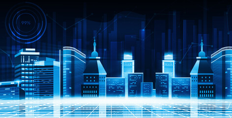 Poster - Futuristic Tech city with business signs glowing in the background wallpaper. Modern blue glowing city backdrop design