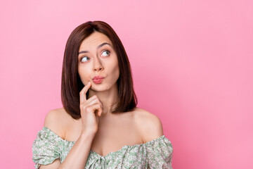 Poster - Photo of interested dreamy lady pouted lips finger touch face consider creative question look empty space isolated on pink color background