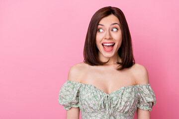 Poster - Close up photo of astonished gorgeous adorable cheerful lady look empty space shopping isolated on pink color background