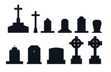 Set Of Graves, Crosses With Flat Design For Cemetery Or Halloween Vector