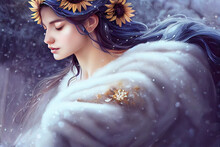 Portrait Of A Woman With White Fur. Her Hair Is Decorated With Yellow Sunflowers. She Wears A Winter Dress That Looks Like White Fur. Winter Background With Snowflakes, Ice, Snow And Wind.