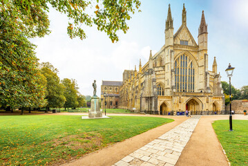 winchester, england; october 4, 2022 - an exterior view of the cathedral in winchester, england.