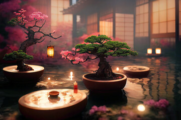 Sticker - Fantasy Japanese landscape spa. Japanese hot springs, ancient architecture. 