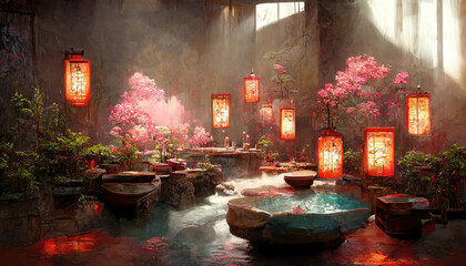 Poster - Fantasy Japanese landscape spa. Japanese hot springs, ancient architecture. 