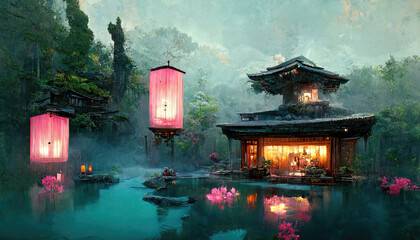 Poster - Fantasy Japanese landscape spa. Japanese hot springs, ancient architecture. 