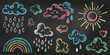 Set of Design Elements Rainbow, Sun, Clouds, Drops of Different Colors Isolated on Chalkboard Backdrop. Realistic Chalk Drawn Sketch of Sky Symbols.
