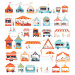 Amusement Park Kiosk and Tent with Street Food and Walking People Big Vector Set
