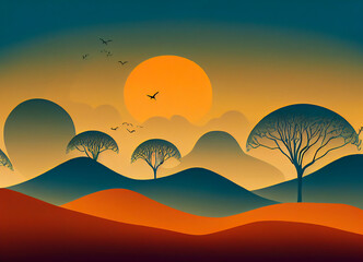 Wall Mural - African savanna with baobab tree, hill, birds and sunset