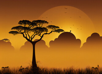 Wall Mural - African savanna view with baobab tree, African vegetation, and sunset