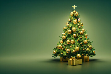 christmas trees with gold christmas decoration on shiny green background