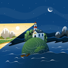 Night landscape with a lighthouse on the sea and a starry sky, vector, seascape, the lighthouse glows at night ,a house with a lighthouse, an island in the sea