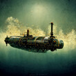 Steampunk submarine underwater, Jules Verne style made with generative AI