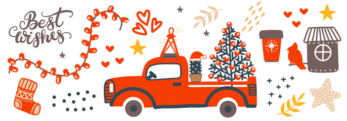 Wall Mural - Merry Christmas horisontal card red truck vector illustration