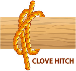 Wall Mural - Yellow nautical rope knot, interweaving of ropes, cables, tapes or other flexible linear materials. Clove hitch isolated on white background. Clutch knot used to attach rope to oddly shaped objects