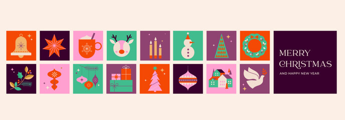 Wall Mural - Collection of Christmas decorations, holiday gifts, winter elements, candles, Christmas tree, dove, village and hot chocolate. Colorful vector illustration in flat geometric cartoon style