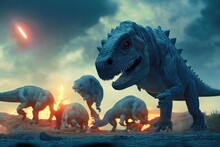 Extinction Of Dinosaurs Event By A Meteor Impact. Dinosaurs Go Extinct For A Variety Of Reasons. One Of The Most Common Reasons Is Due To A Meteor Impact Event. 3D Rendering In A Jurassic Forest.