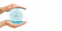 Hands Holding A Blue Glowing Ball On A White Background. The Concept Of Internet, Connection, Social Networks, Business...