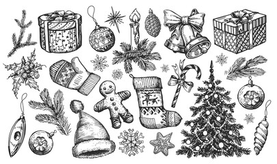 christmas concept. design elements hand drawn in sketchy vintage style. holiday decorations engravin