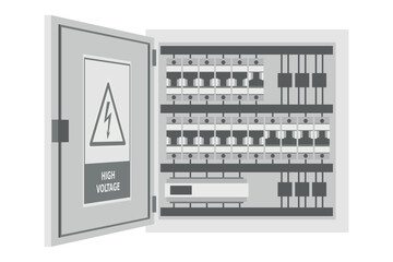 Wall Mural - Electrical box, electrical switch panel with high voltage and electrical hazard safety icon and pictogram. Security First. Industrial safety and occupational health at work