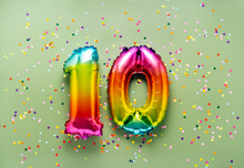 Colorful Balloon Number 10 On Light Green Background. New Year Of Birthday Concept