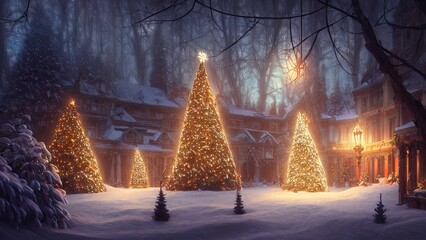 Wall Mural - New Year's winter garden with decorated Christmas trees, lights, garlands. Festive New Year decorations, festive city. Christmas lanterns, decorated street, winter, snow, postcard. 