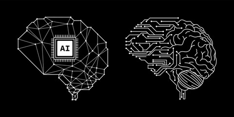 Aufkleber - brain in style of Printed circuit board outline illustration. Futuristic artificial intelligence design theme. Modern technology networking for design element