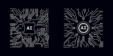 Aufkleber - Processor in style of Printed circuit board outline illustration. Futuristic artificial intelligence design theme. Modern technology networking for design element