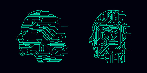 Aufkleber - head in style of Printed circuit board outline illustration. Futuristic artificial intelligence design theme. Modern technology networking for design element
