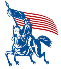 Wall Mural - illustration of an American revolutionary general a riding horse with Betsy Ross Flag