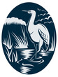 illustration of a Heron wading in the marsh or swamp done in retro woodcut style.