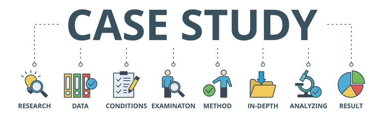 Case study banner web icon vector illustration concept with icon of research, data, conditions, examination, method, in-depth, analyzing, and result