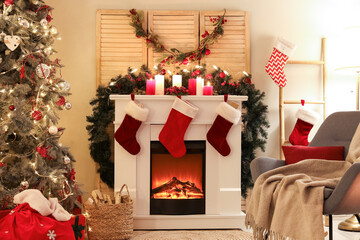 Sticker - Interior of living room with fireplace and Christmas decor