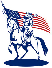 Illustration Of A American Cavalry Riding Horse Blowing A Bugle And Stars And Stripes Flag In Background