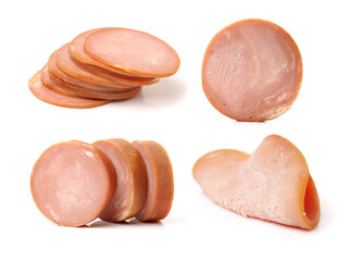 Sticker - cooked boiled ham sausage on white background