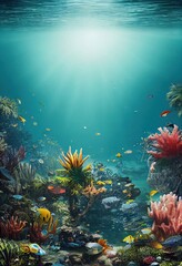 The ecosystem of the underwater marine world. Colorful tropical beautiful ocean fish. 3D rendering