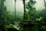 Fototapeta Dziecięca - 3D rendered computer-generated image of a foggy swampy jungle scene. Natural trees and isolated forest with a dark and foreboding feel. Eerie nature with creepy fog factor