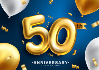 Wall Mural - Anniversary 50th vector background design. 50 years celebration party event with gold balloons elements decoration. Vector Illustration.