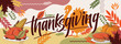 © Zeedign.com - happy thanksgiving banner design with typography, turkey bird, corn, pumpkin pie and abstract leaves thanksgiving background. Vector illustration.