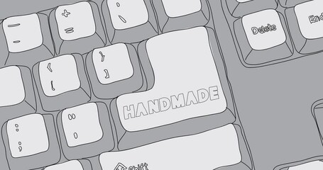 Poster - Computer Keyboard with Handmade text. Close-up of an electronic Computer Device part, keypad. Dancing thin lines.