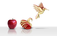 Creative Development Success Transformation And Transform To Succeed Or Improving Concept As A Red Apple Transforming Through Innovation And Evolution Into A Swan And Then Improving To A Flying Bird.