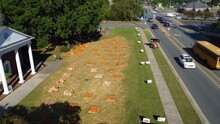 Forward Aerial Shot Of Church Pumpkin Patch In Clemmons, NC