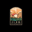 Zion national park vector template. Utah landmark graphic illustration in badge emblem patch style.
