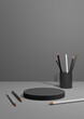 Dark graphite gray, black and white 3D illustration back to school product display podium or stand, vertical image from the side with pencils on table for product photography background or wallpaper.