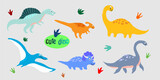 Fototapeta Dinusie - Clipart set of cute colored dinosaurs vector. Vector illustration in cartoon style.