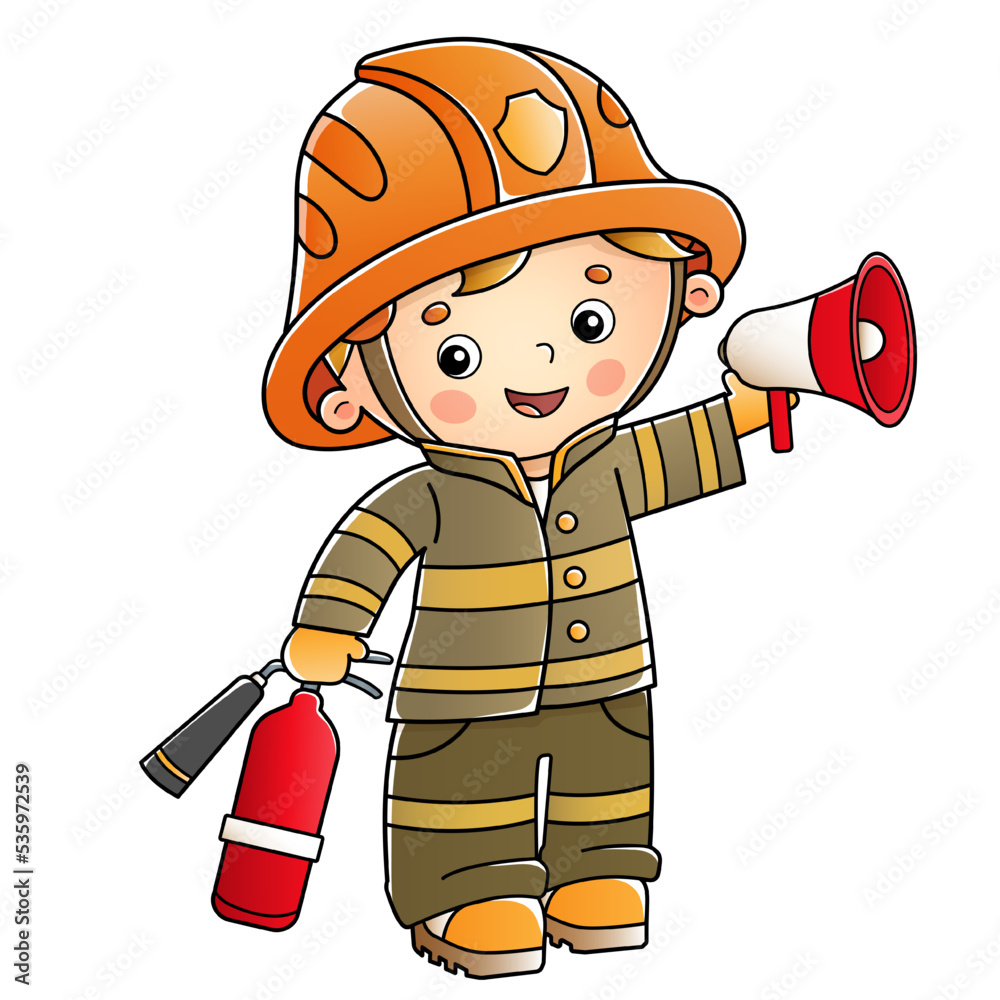 Cartoon fireman or firefighter with a megaphone or horn and fire ...