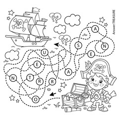 Wall Mural - Maze or Labyrinth Game. Puzzle. Tangled road. Coloring Page Outline Of Cartoon pirate with chest of treasure. Pirate ship. Coloring Book for kids.