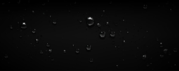 Canvas Print - Black background with clear water drops from rain, dew or steam condensation. Wet surface with liquid raindrops, pure aqua bubbles, vector realistic illustration