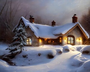 Wall Mural - A cozy snowy cottage