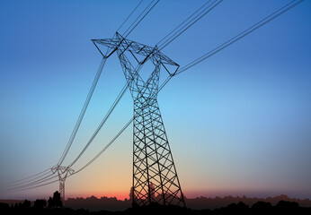  High Voltage Pylon with Electric Wires with Landscape Silhouette and Sunrise in the Background - Colored Illustration, Vector