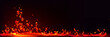 Flying red drops above hot liquid magma surface. Banner template with abstract background of seething molten lava splash and copy space, vector realistic illustration